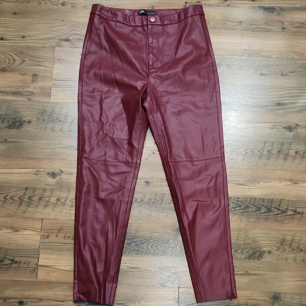 Zara Faux Leather Straight Leg Pants in Burgundy